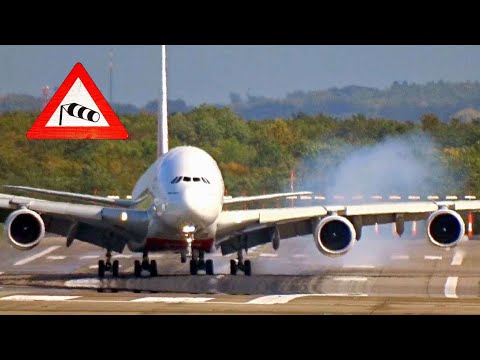 “Storm/Hurricane Xavier” Dangerous A380 slinging and bumpy crosswind landing at Düsseldorf airport