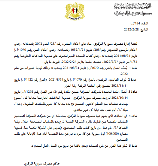 قرار ادارة لجنة المركزي رقم 194 الصادر بـ28 شباط 2022
